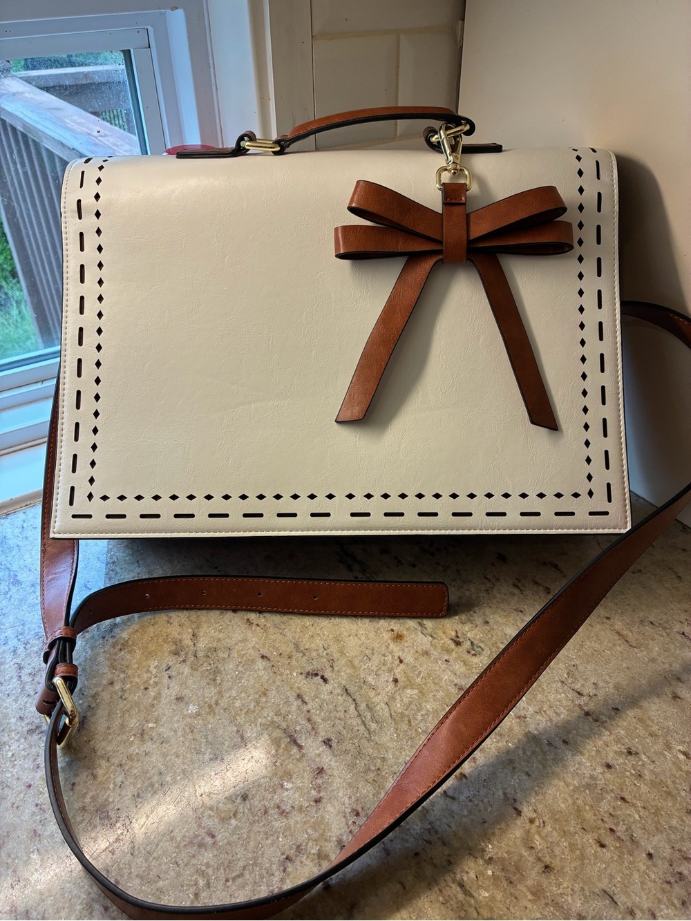 Women’s White Crossbody Satchel with Brown Bow Accent laptop office